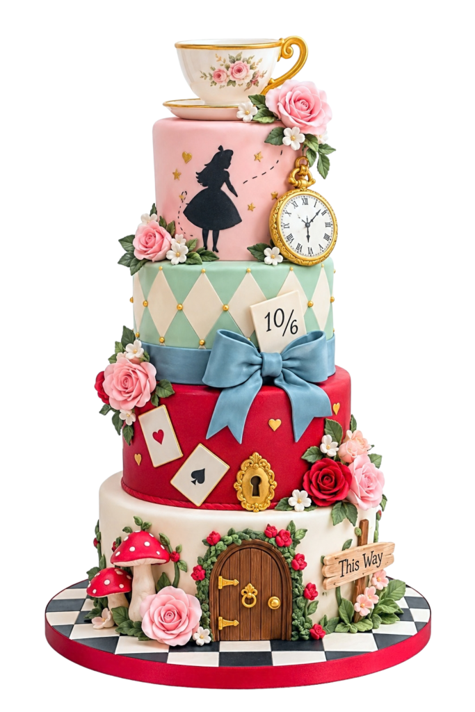 Alice in Wonderland Birthday Cake White Background - The Cake Studio NY