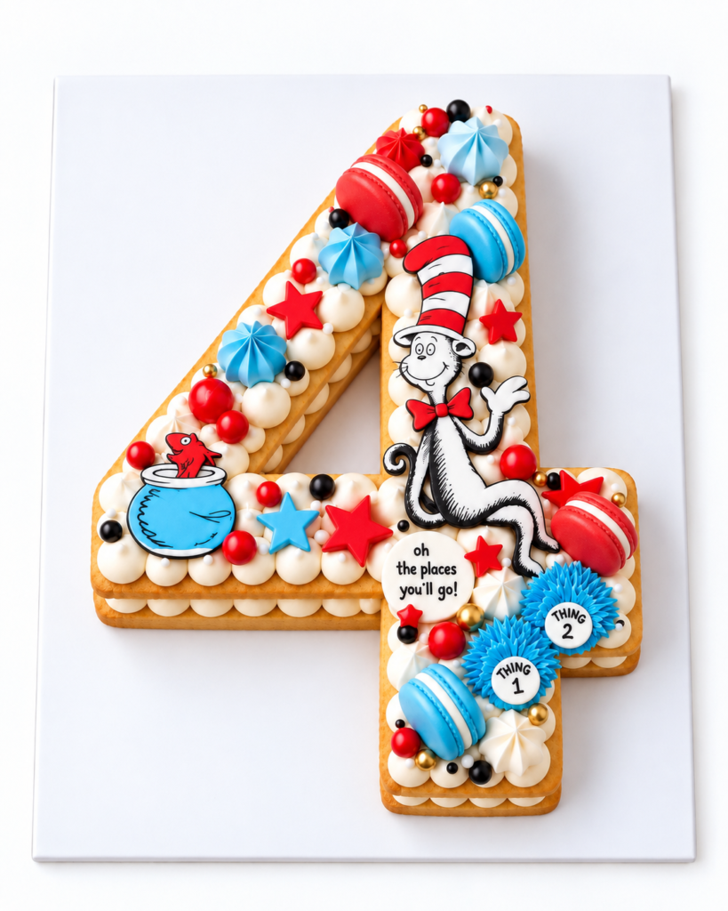 Number 4 Cat in The Hat Theme Birthday Cookie Tart Cut Out - The Cake Studio NY
