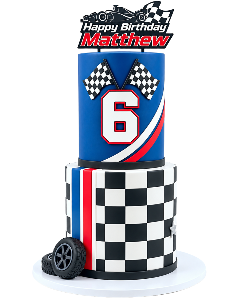 Racing Car Theme Birthday Cake White Background - The Cake Studio NY